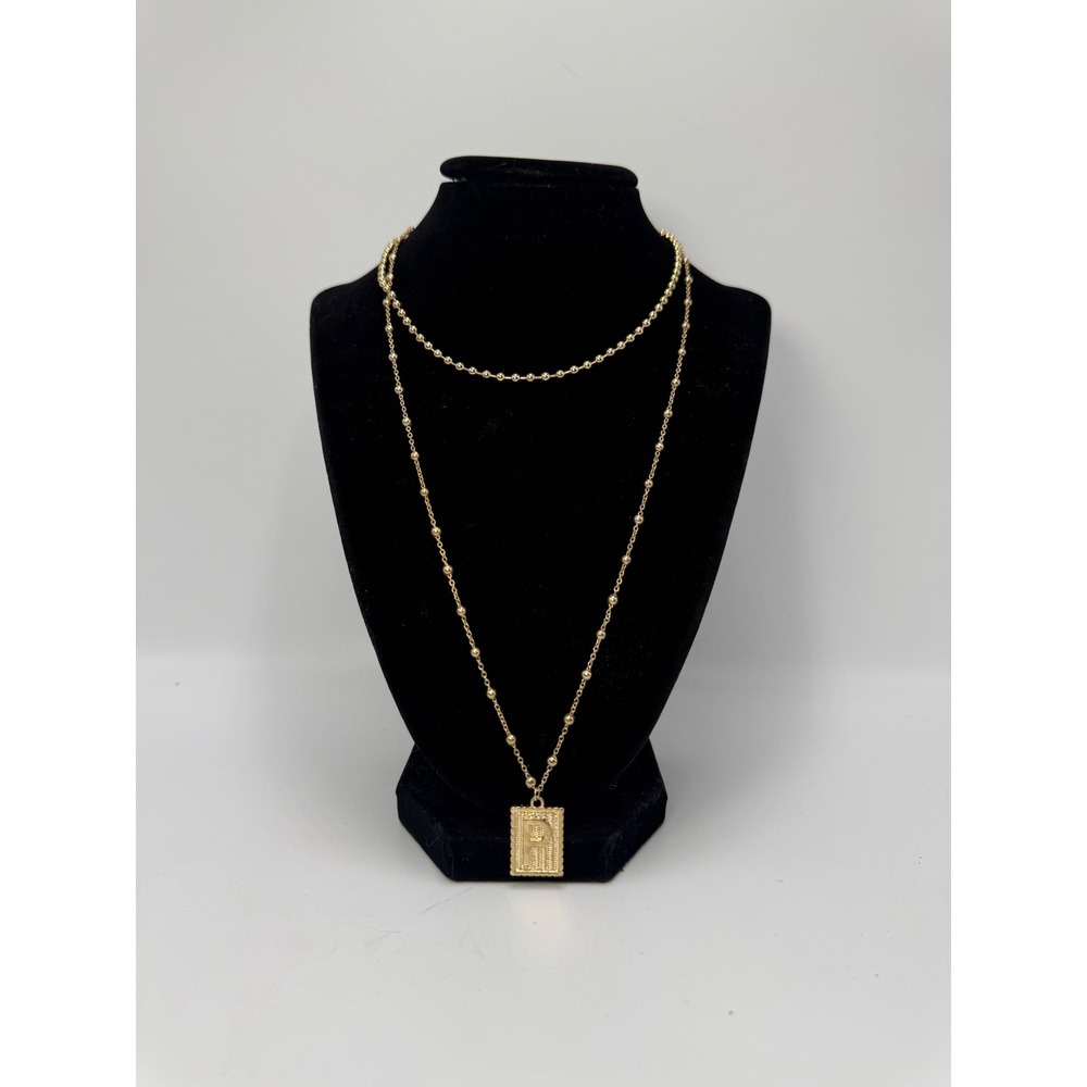 Gold Tone Layered Initial P Pendant Necklace Set Ball Chain Scalloped Rectangle